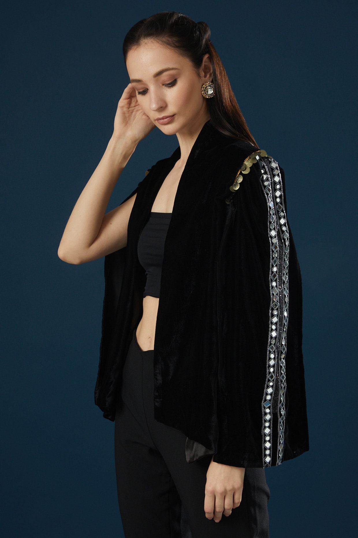 Charcoal Black Velvet Shrug Design by Namah By Parul Mongia at