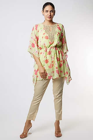 Green Floral Printed Kaftan With Pants by NAMRATA LAKHOTIA