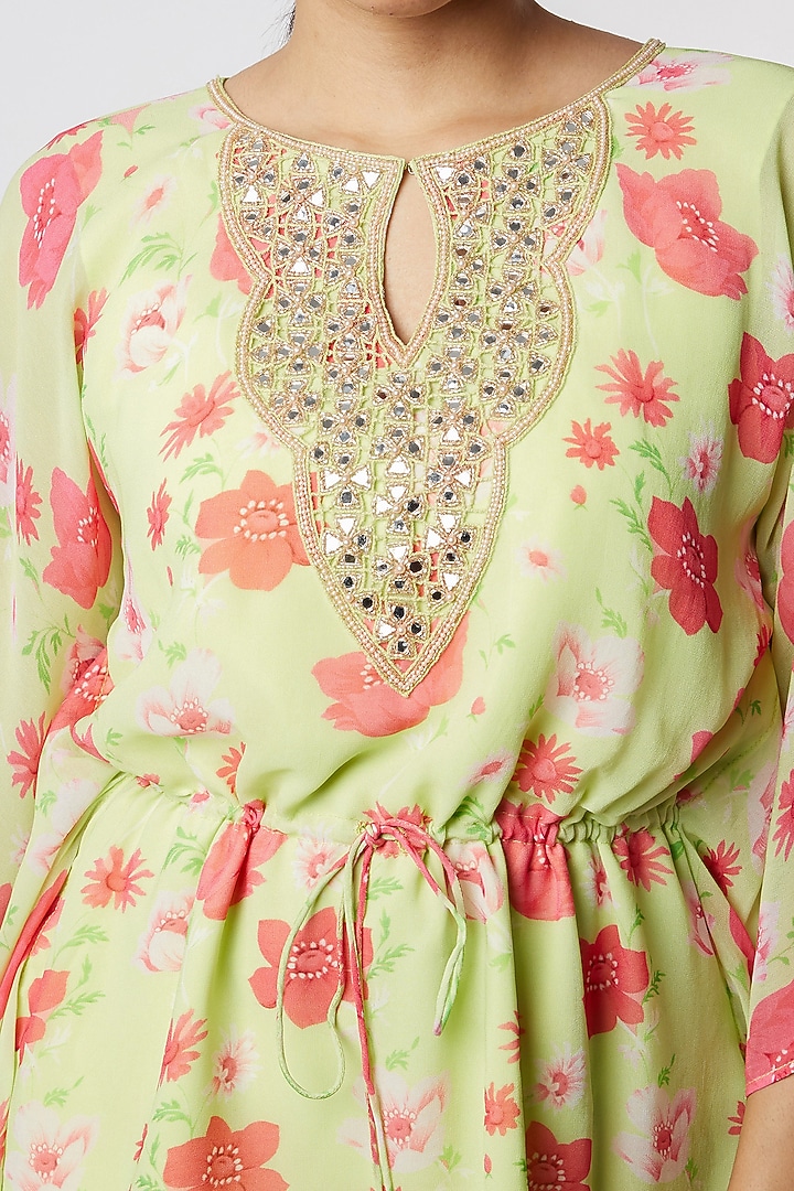 Green Floral Printed Kaftan With Pants by NAMRATA LAKHOTIA at Pernia's Pop Up Shop