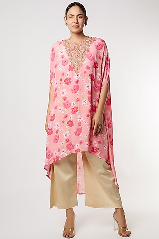 Pink Floral Printed & Embroidered Kurta Set by NAMRATA LAKHOTIA