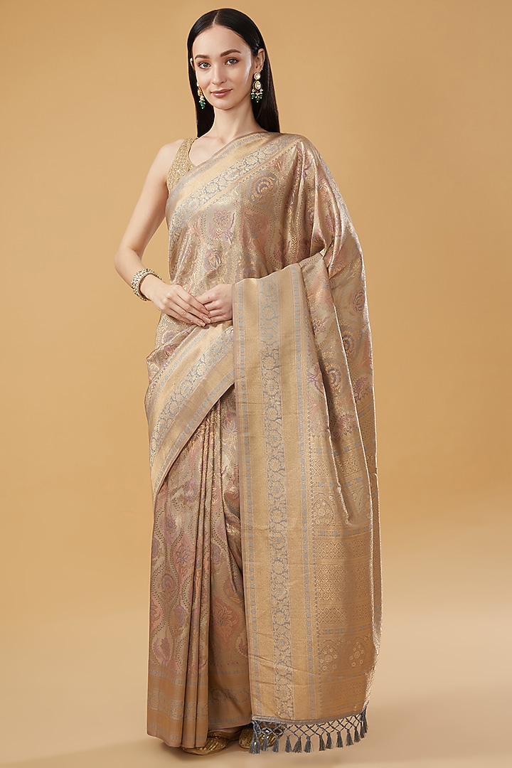 Grey Silk Blend Motifs Woven Festive Saree Set by NARMADESHWARI at Pernia's Pop Up Shop