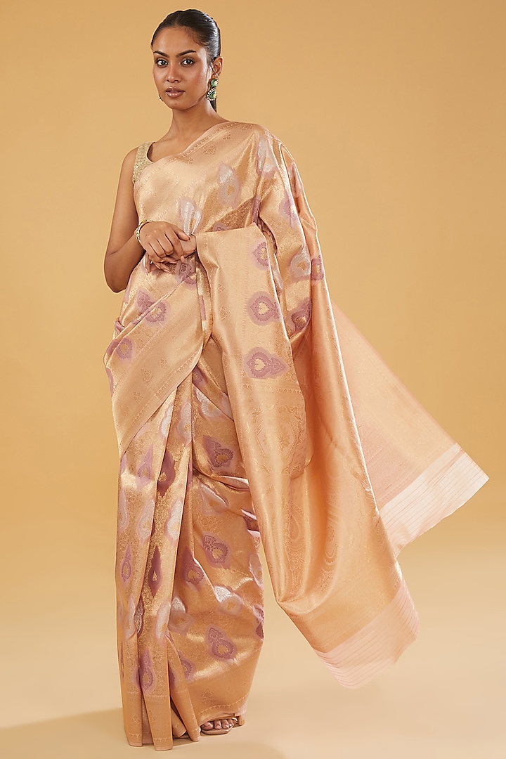 Peach Silk Blend Brocade Woven Saree Set by NARMADESHWARI at Pernia's Pop Up Shop