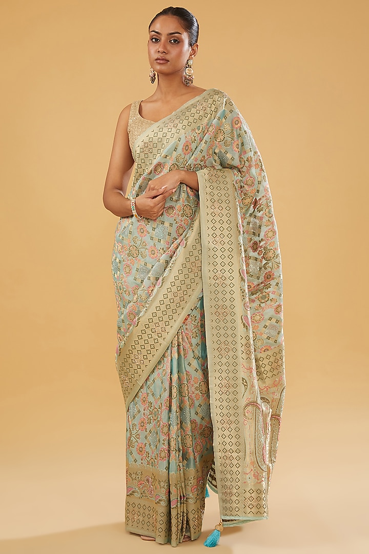 Green Silk Blend Motifs Swarovski Embroidered & Floral Printed Saree Set by NARMADESHWARI