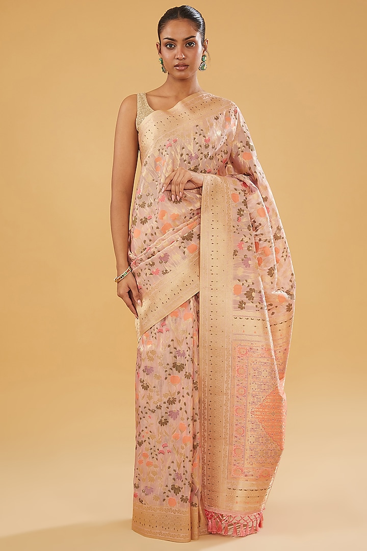Peach Silk Blend Floral Motifs Saree Set by NARMADESHWARI