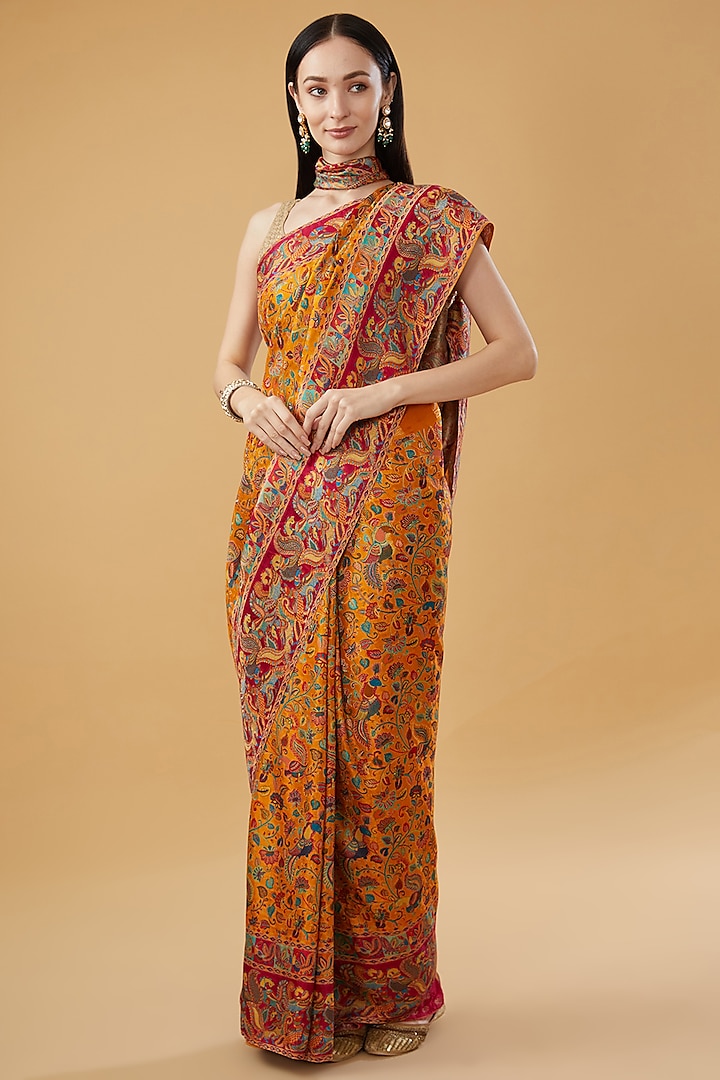 Multi-Colored Silk Blend Peacock Printed Saree Set by NARMADESHWARI