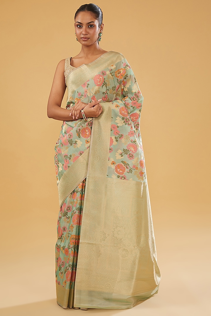 Green Silk Brocade Floral Printed Woven Saree Set by NARMADESHWARI