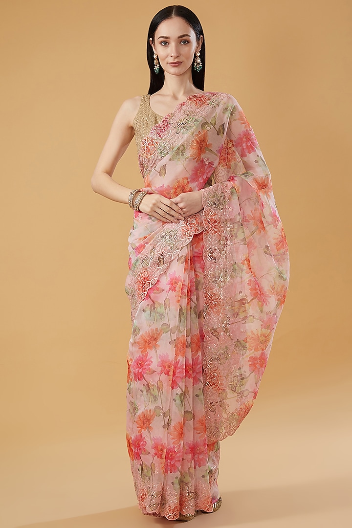 Pink Organza Floral Digital Printed Woven Saree Set by NARMADESHWARI