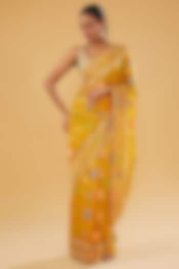 Yellow Silk Blend Brocade Paisley Printed & Crystal Embellished Woven Saree Set by NARMADESHWARI