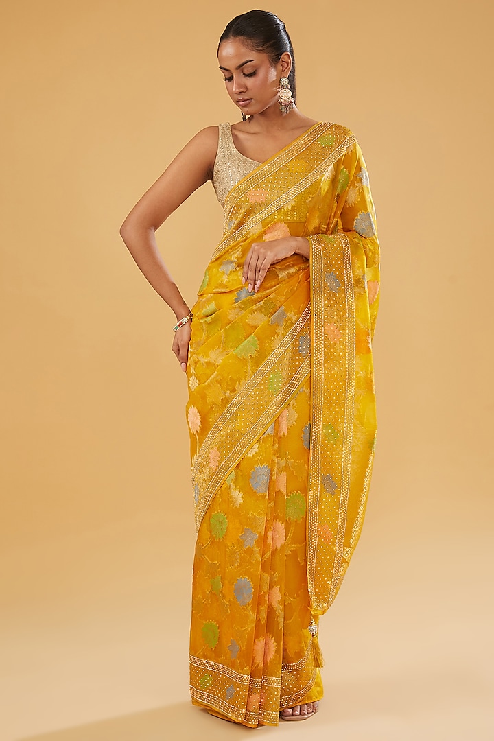 Yellow Silk Blend Brocade Paisley Printed & Crystal Embellished Woven Saree Set by NARMADESHWARI
