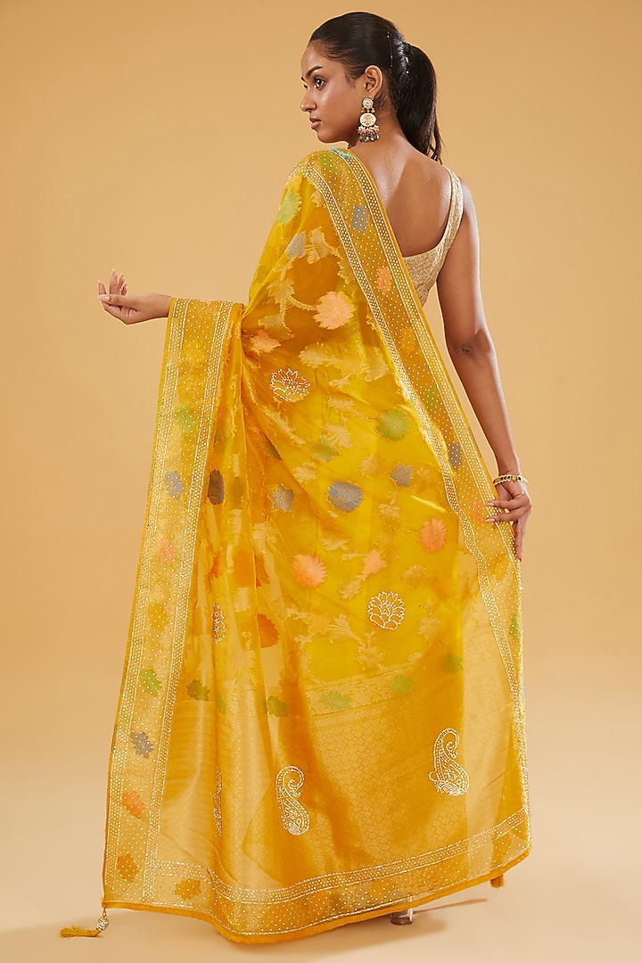 Yellow Silk Blend Brocade Paisley Printed & Crystal Embellished Woven Festive Saree Set by NARMADESHWARI at Pernia's Pop Up Shop