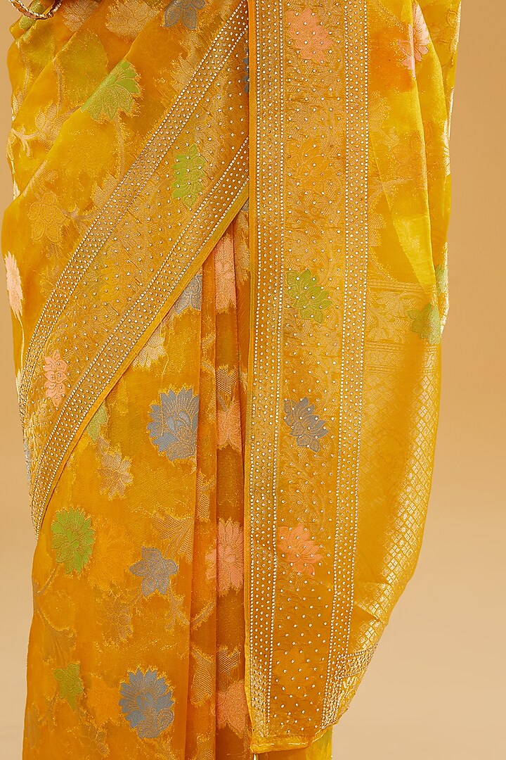 Yellow Silk Blend Brocade Paisley Printed & Crystal Embellished Woven Festive Saree Set by NARMADESHWARI at Pernia's Pop Up Shop