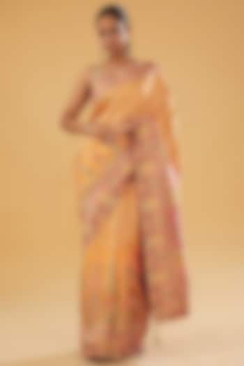 Yellow Silk Blend Jacquard Floral Printed & Crystal Embellished Woven Saree Set by NARMADESHWARI