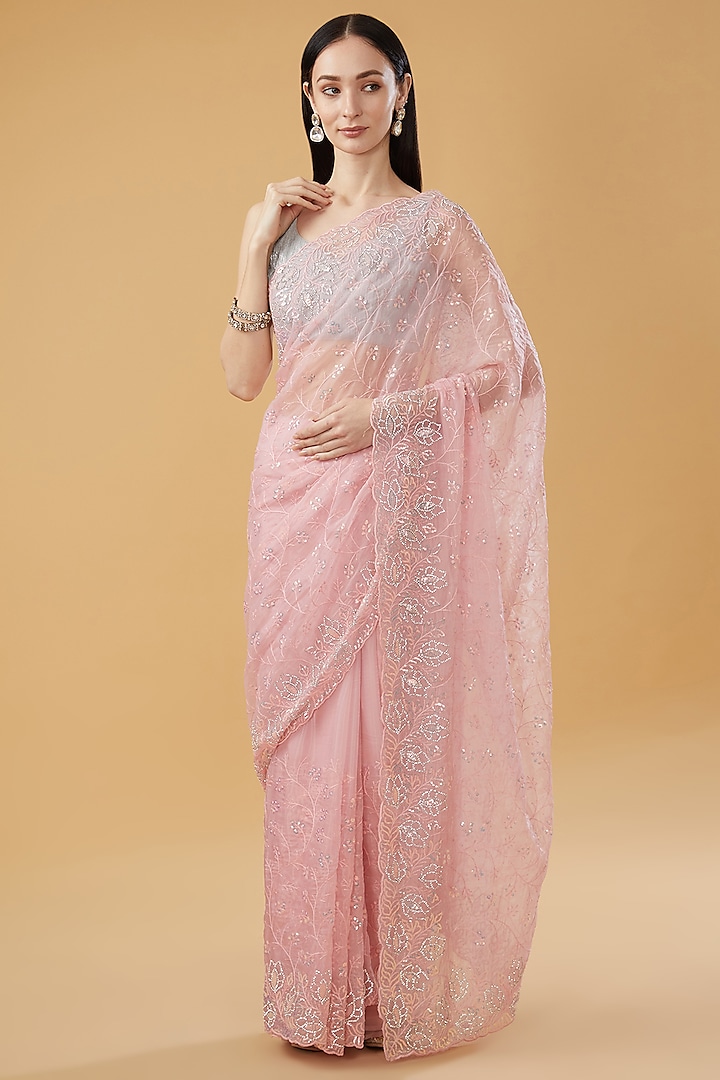 Pink Organza Crystal Embellished Festive Saree Set by NARMADESHWARI at Pernia's Pop Up Shop