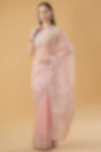 Pink Organza Crystal Embellished Saree Set by NARMADESHWARI