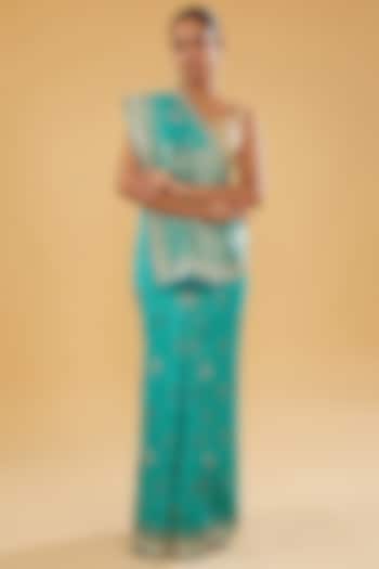 Blue Silk Blend Jacquard Crystal Embellished Woven Saree Set by NARMADESHWARI