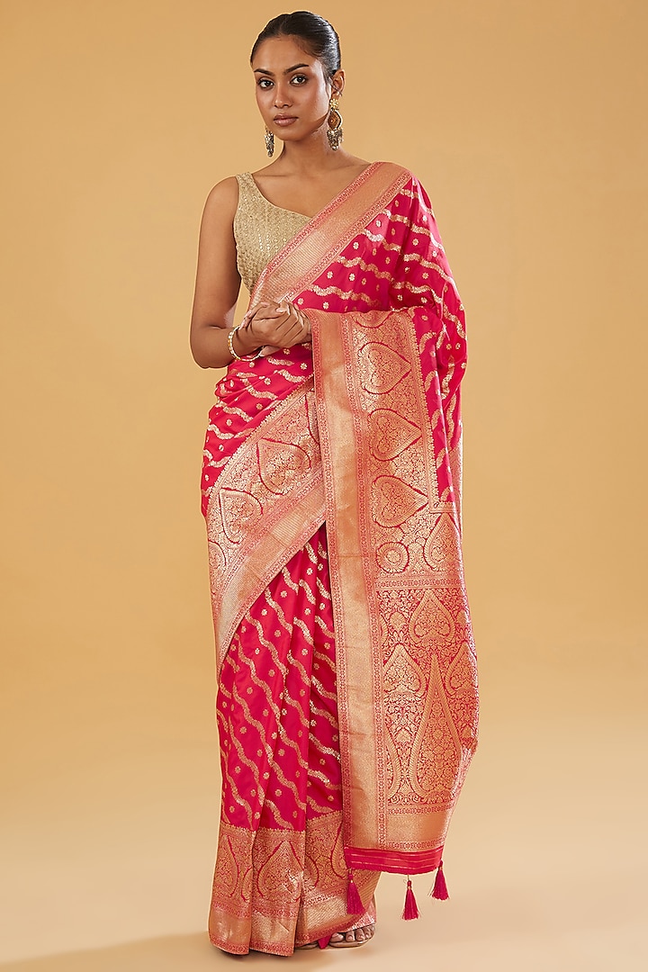 Pink Silk Blend Brocade Motifs Woven Saree Set by NARMADESHWARI