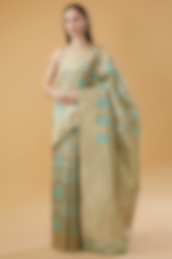 Grey Silk Blend Brocade Motifs Woven Saree Set by NARMADESHWARI