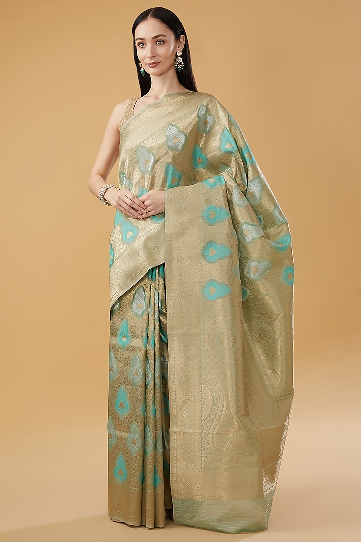 Grey Silk Blend Brocade Motifs Woven Saree Set by NARMADESHWARI