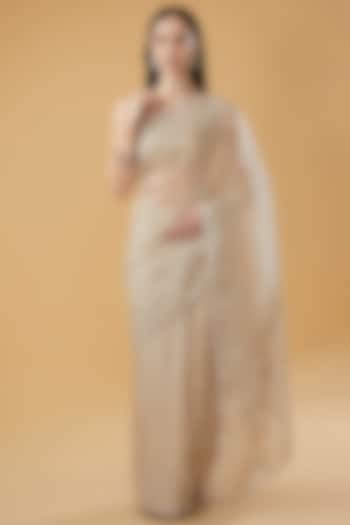 Ivory Organza Crystal Embellished Saree Set by NARMADESHWARI