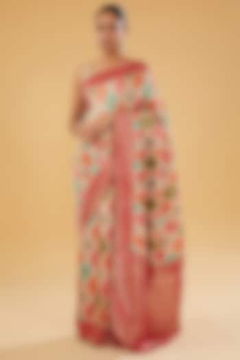 Multi-Colored Silk Blend Brocade Printed Woven Saree Set by NARMADESHWARI