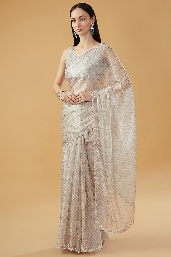 Ivory Silk Tissue Blend Digital Printed & Crystal Embellished Saree Set by NARMADESHWARI