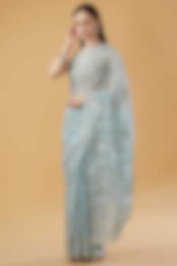 Blue Organza Crystal Embellished Festive Saree Set by NARMADESHWARI at Pernia's Pop Up Shop