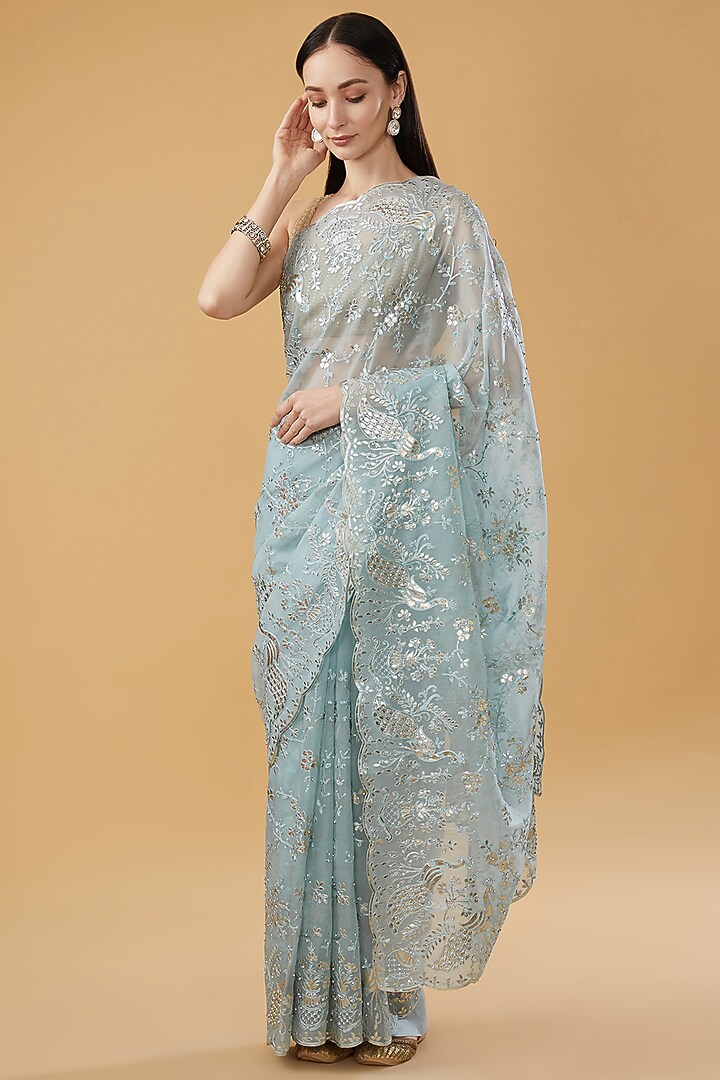 Blue Organza Crystal Embellished Festive Saree Set by NARMADESHWARI at Pernia's Pop Up Shop