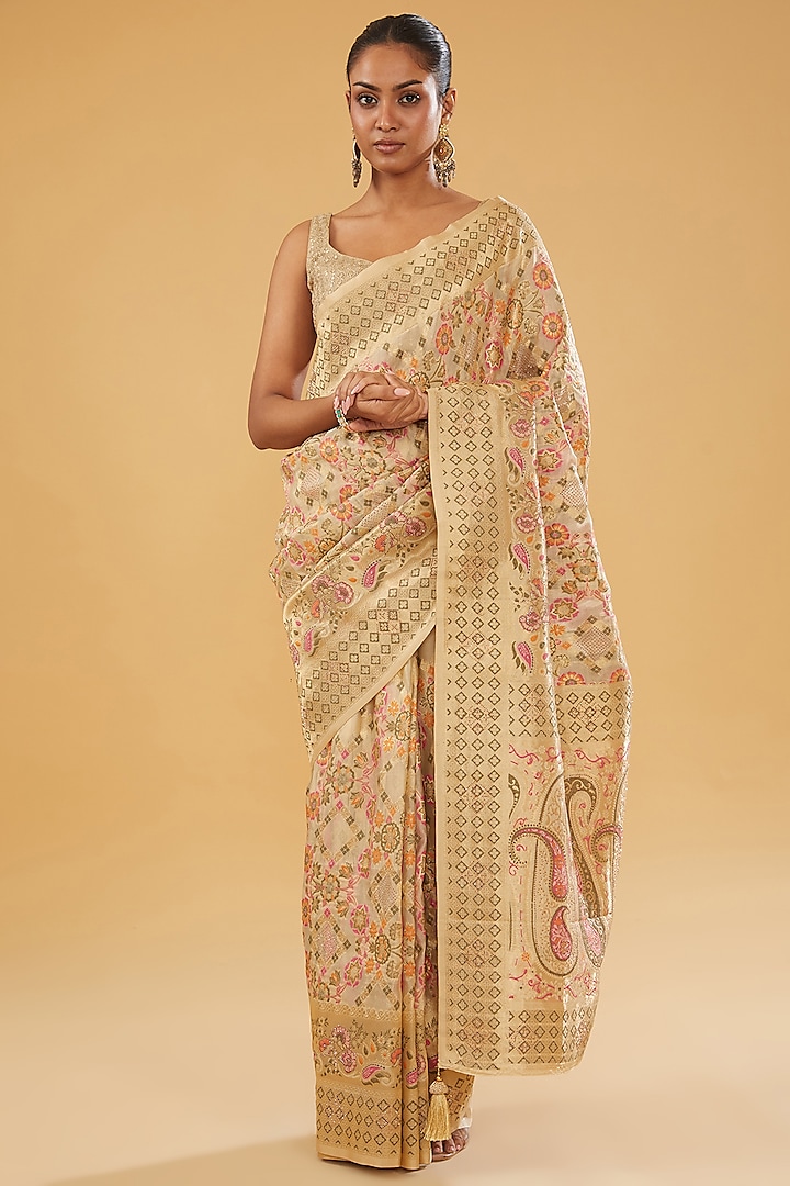 Gold Silk Blend Jacquard Crystal Embellished Woven Saree Set by NARMADESHWARI