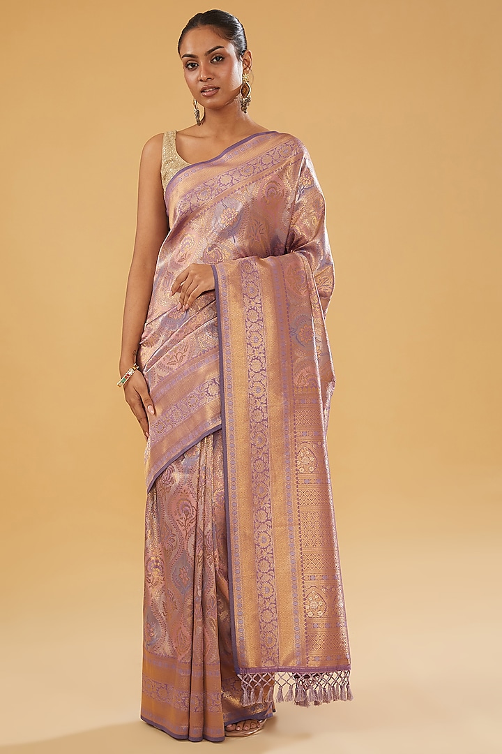 Purple Silk Blend Jacquard Floral Embroidered Woven Saree Set by NARMADESHWARI