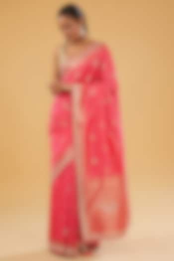 Pink Silk Blend Jacquard Crystal Embellished Woven Saree Set by NARMADESHWARI