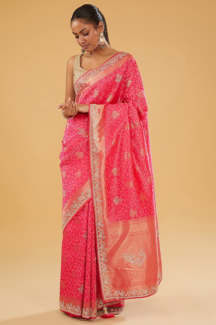 Pink Silk Blend Jacquard Crystal Embellished Woven Saree Set by NARMADESHWARI