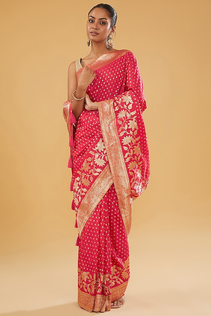 Pink Silk Blend Brocade Motifs Woven Saree Set by NARMADESHWARI