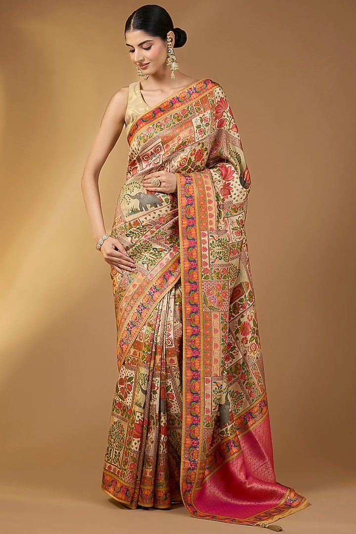Beige Crepe Silk Zari & Motif Work Festive Saree Set. by Narmadeshwari at Pernia's Pop Up Shop