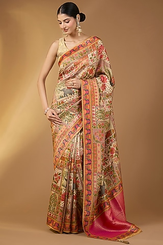 Beige Crepe Silk Zari & Motif Work Saree Set. by Narmadeshwari
