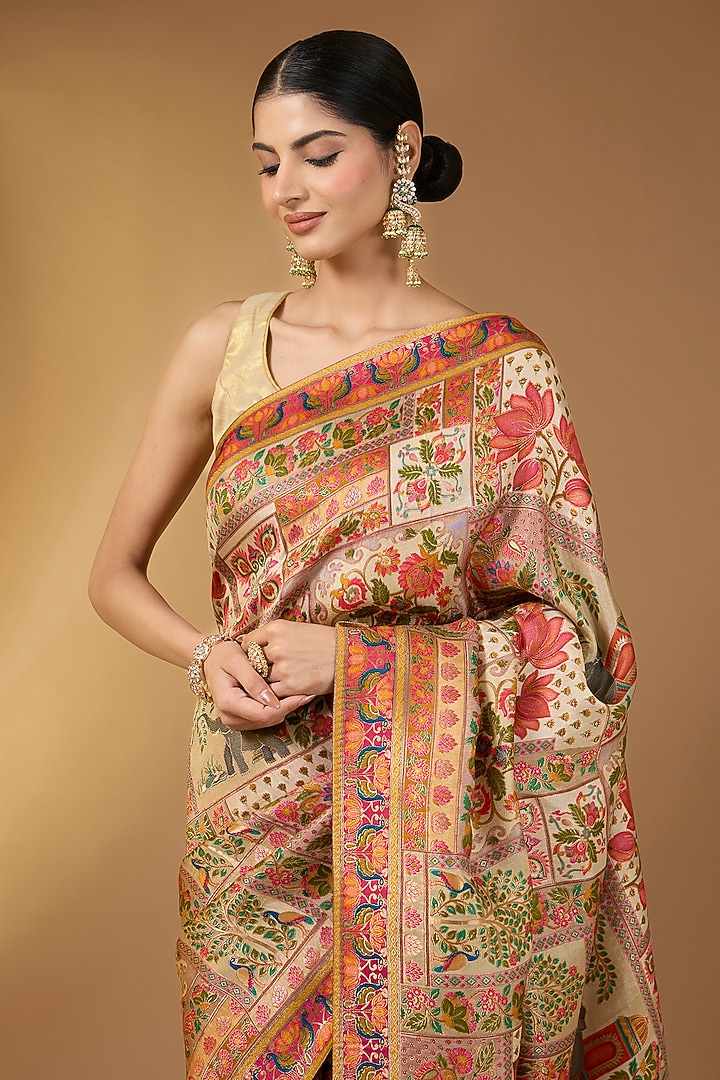 Beige Crepe Silk Zari & Motif Work Festive Saree Set. by Narmadeshwari at Pernia's Pop Up Shop
