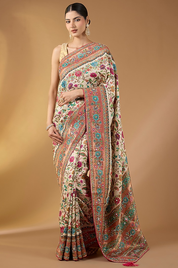 Off-White Pashmina Silk Paisley Design Party Wear Saree Set by Narmadeshwari at Pernia's Pop Up Shop