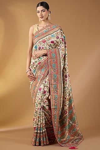 Off-White Pashmina Silk Paisley Design Saree Set by Narmadeshwari