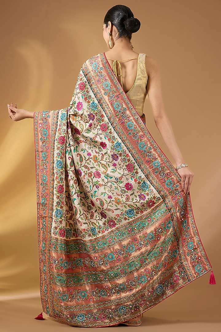 Off-White Pashmina Silk Paisley Design Party Wear Saree Set by Narmadeshwari at Pernia's Pop Up Shop