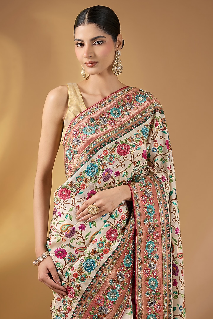 Off-White Pashmina Silk Paisley Design Party Wear Saree Set by Narmadeshwari at Pernia's Pop Up Shop