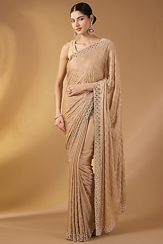 Champagne Satin Swarovski Saree Set by Narmadeshwari