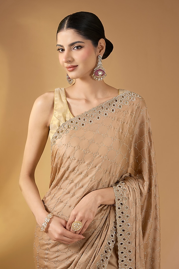Champagne Satin Swarovski Party Wear Saree Set by Narmadeshwari at Pernia's Pop Up Shop