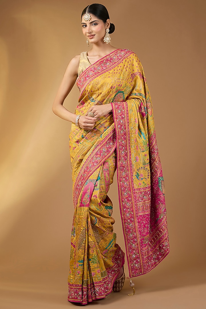Mustard Yellow Pashmina Silk Motif Party Wear Saree Set by Narmadeshwari at Pernia's Pop Up Shop