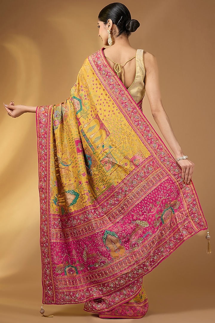 Mustard Yellow Pashmina Silk Motif Party Wear Saree Set by Narmadeshwari at Pernia's Pop Up Shop