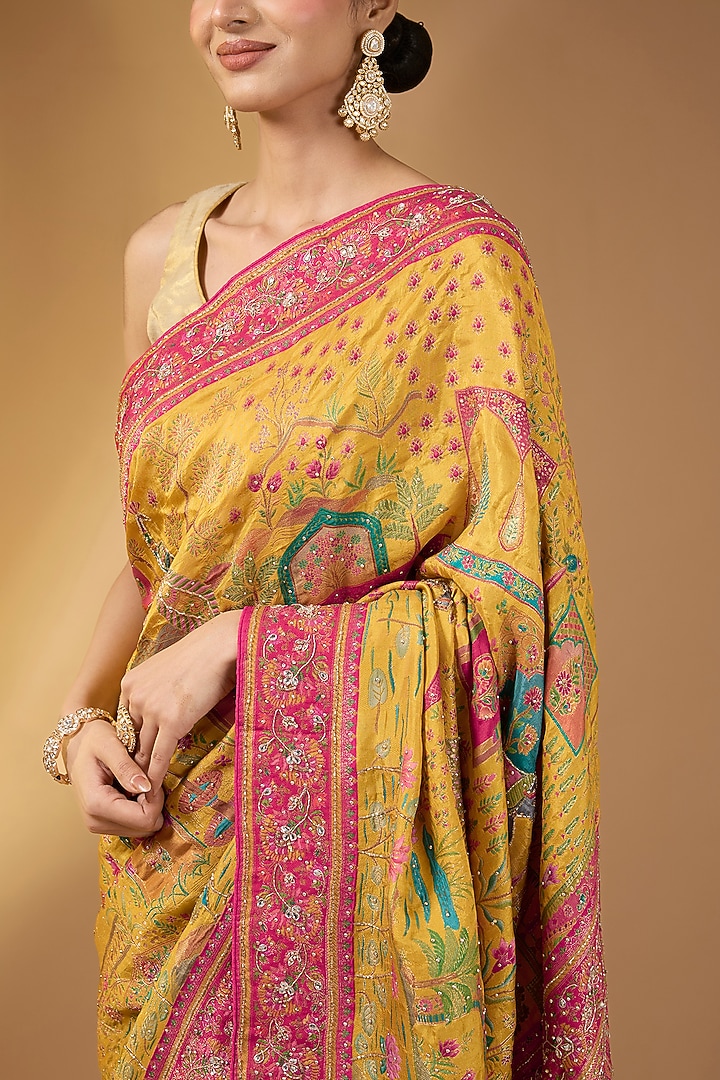 Mustard Yellow Pashmina Silk Motif Party Wear Saree Set by Narmadeshwari at Pernia's Pop Up Shop