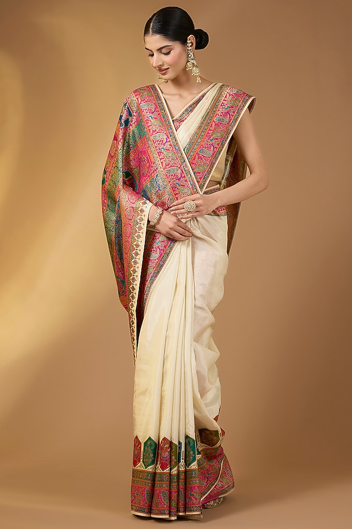 Cream Crepe Silk Motif Work Festive Saree Set. by Narmadeshwari at Pernia's Pop Up Shop