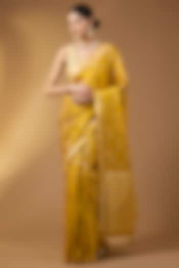 Marigold Yellow Banarasi Silk Jaal Work Festive Saree Set by Narmadeshwari at Pernia's Pop Up Shop