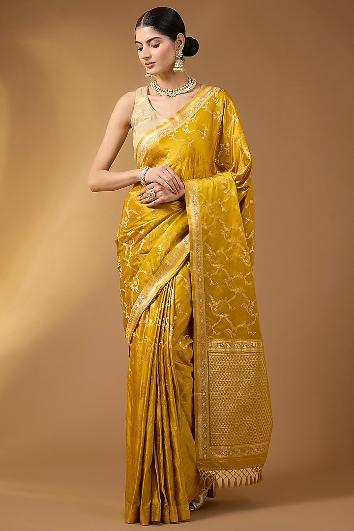 Marigold Yellow Banarasi Silk Jaal Work Festive Saree Set by Narmadeshwari at Pernia's Pop Up Shop