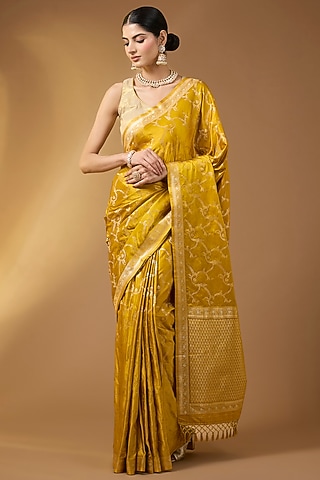 Marigold Yellow Banarasi Silk Jaal Work Saree Set by Narmadeshwari