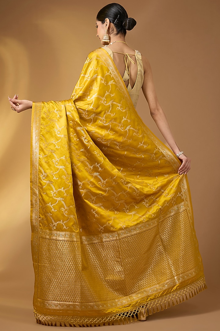 Marigold Yellow Banarasi Silk Jaal Work Festive Saree Set by Narmadeshwari at Pernia's Pop Up Shop