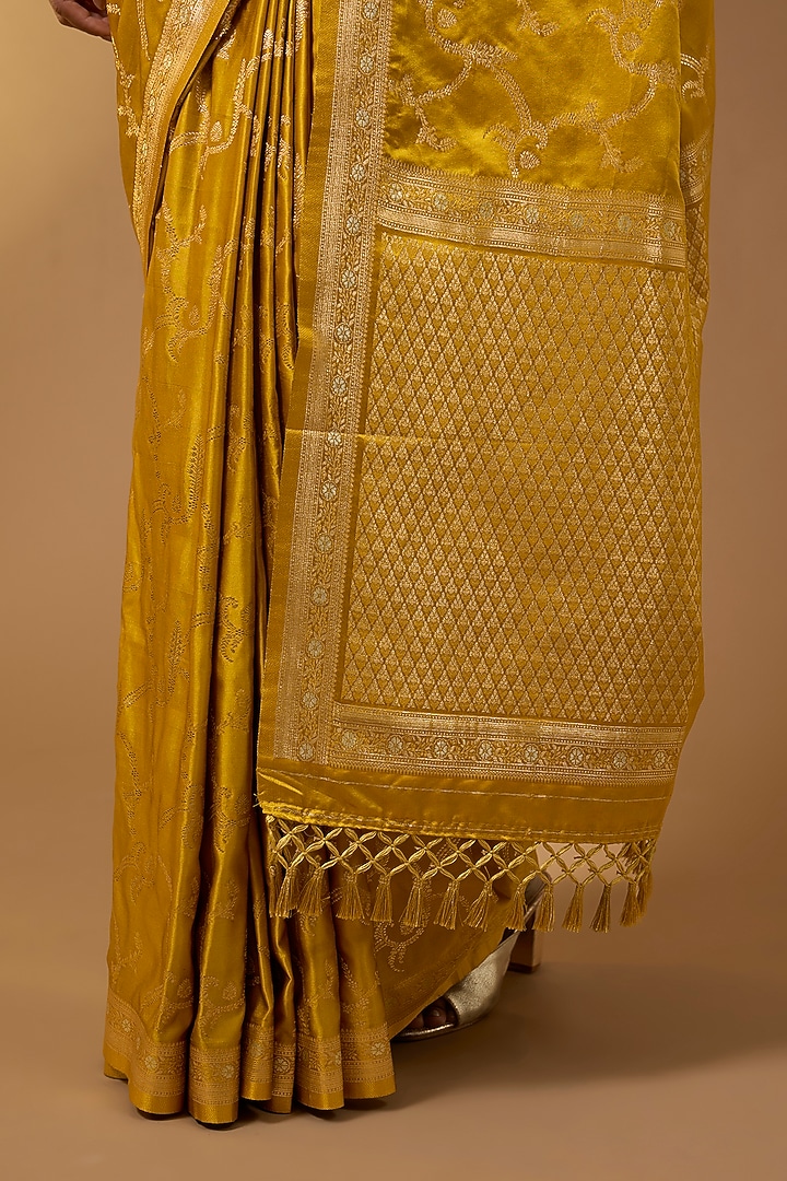 Marigold Yellow Banarasi Silk Jaal Work Festive Saree Set by Narmadeshwari at Pernia's Pop Up Shop
